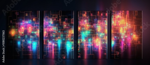 Four abstract neon artworks featuring a colorful, glowing circuit board design.