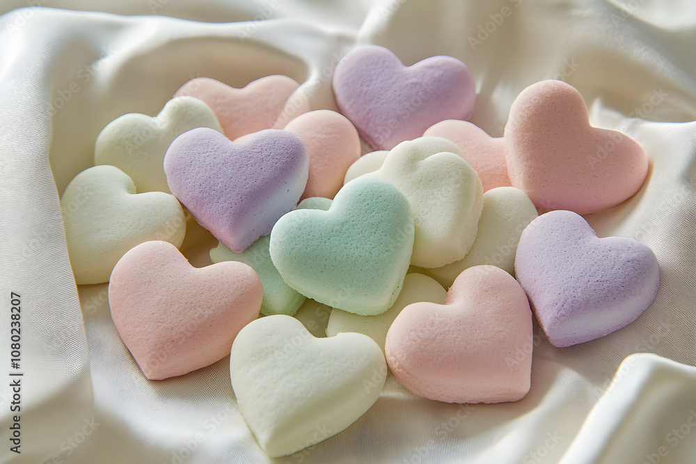 Obraz premium Charming Array of Heart-Shaped Pastel Cookies on a Soft Tablecloth