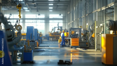 A male worker in a blue jumpsuit operates machinery in a bright, spacious industrial workshop.