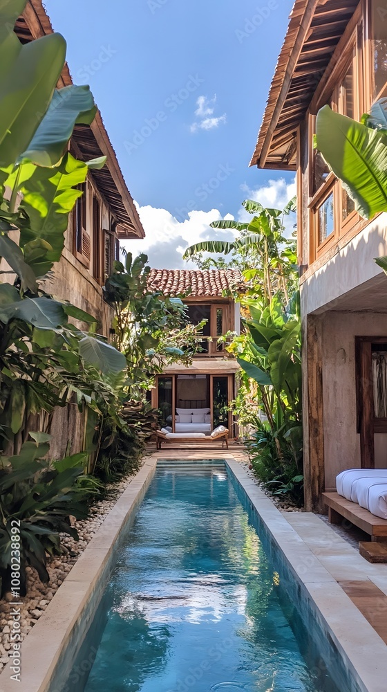 Fototapeta premium A photograph of a small, narrow pool in the center of an outdoor courtyard with lush green plants and banana trees, leading to two separate bedroom suite buildings on either side.