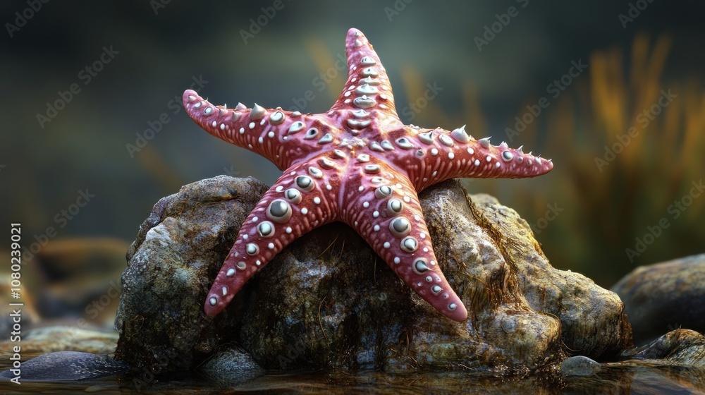 A vibrant red starfish sits on a wet rock in a shallow pool of water. A vibrant red starfish sits on a wet rock in a shallow pool of water.