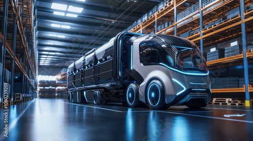 Futuristic electric freight truck in a high-tech warehouse setting. photo