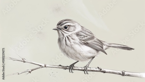 Detailed bird illustration perched on a branch in neutral tones