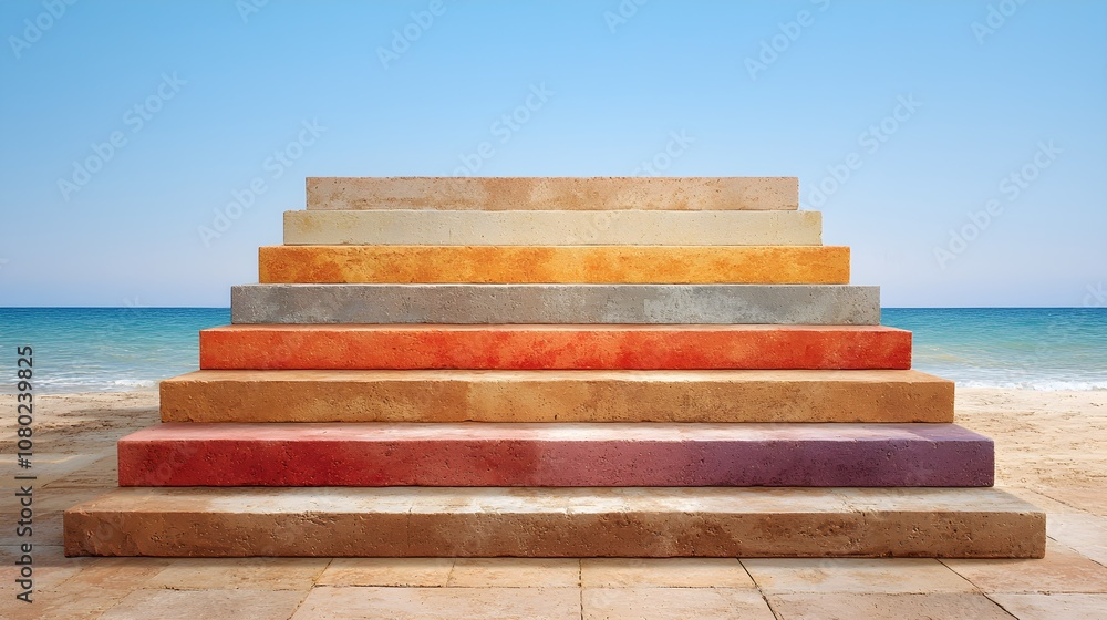 Colorful stone steps leading to a serene beach Colorful stone steps leading to a serene beach