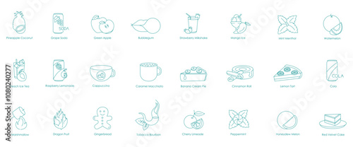 PrintPineapple Coconut, Grape Soda, Green Apple, Bubble Gum, Strawberry Milkshake, Mango Ice, Mint Menthol, Watermelon, Peach Iced Tea, Raspberry Lemonade, Cappuccino, Caramel Macchiato vector icons