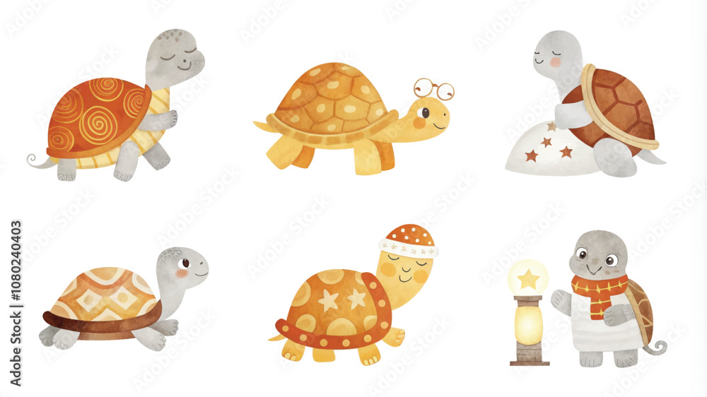 Fototapeta premium Set of cute cartoon turtles. Vector illustration isolated on white background.