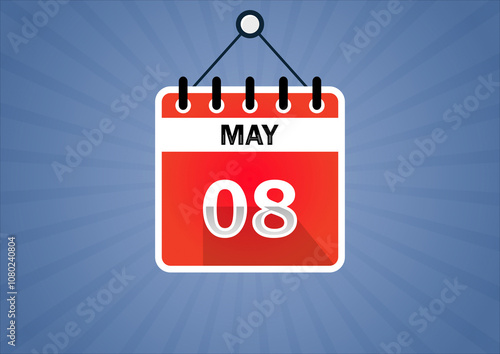 May 08, Calendar hanging sign. 08th days of the month, modern illustration. Date day of week Sunday, Monday, Tuesday, Wednesday, Thursday, Friday, Saturday. Flat style photo