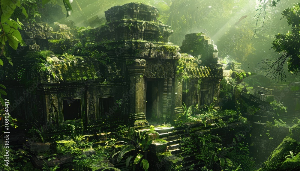 An Ancient Stone Temple Overgrown With Lush Green Foliage in a Tropical Jungle An Ancient Stone Temple Overgrown With Lush Green Foliage in a Tropical Jungle