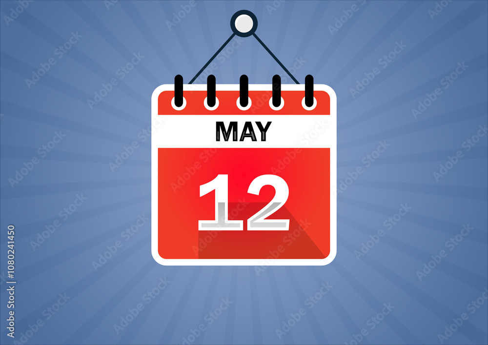 Fototapeta premium May 12, Calendar hanging sign. 12th days of the month, modern illustration. Date day of week Sunday, Monday, Tuesday, Wednesday, Thursday, Friday, Saturday. Flat style