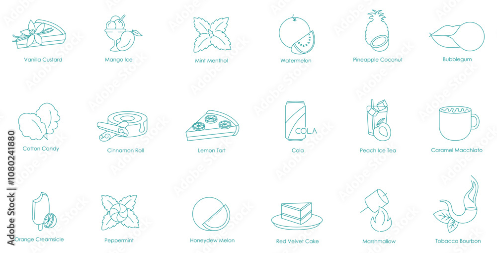 Naklejka premium Vanilla Custard, Mango Ice, Mint Menthol, Watermelon, Pineapple Coconut, Bubble Gum, Cotton Candy, Cinnamon Roll, Lemon Tart, Cola, Peach Ice Tea, Caramel Macchiato, Orange Creamsicle vector icons
