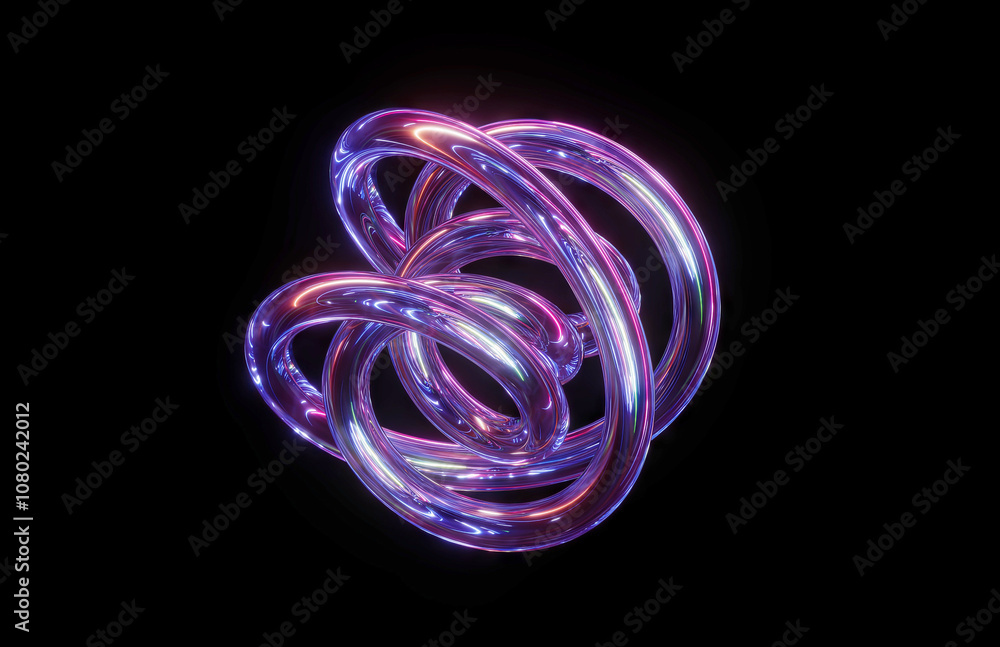 3d render. Violet glass tangled knot, flexible tube, reflecting neon light in dark space. Fantastic geometric object isolated on black background 3d render. Violet glass tangled knot, flexible tube, reflecting neon light in dark space. Fantastic geometric object isolated on black background