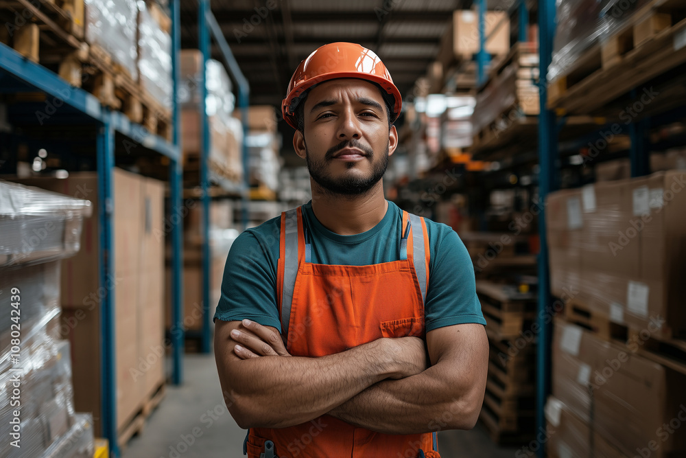 A confident logistics manager stands in warehouse, wearing an orange hard hat and overalls. His crossed arms convey determination and professionalism in busy environment A confident logistics manager stands in warehouse, wearing an orange hard hat and overalls. His crossed arms convey determination and professionalism in busy environment