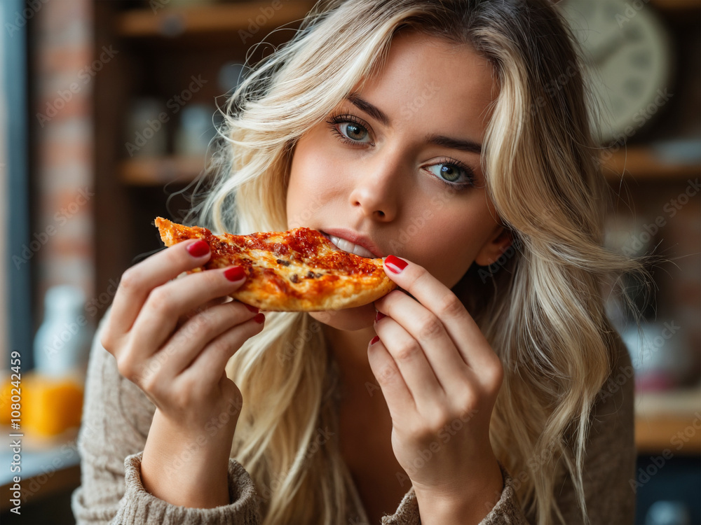 Preciosa chica rubia tomando una porción de deliciosa pizza Preciosa chica rubia tomando una porción de deliciosa pizza