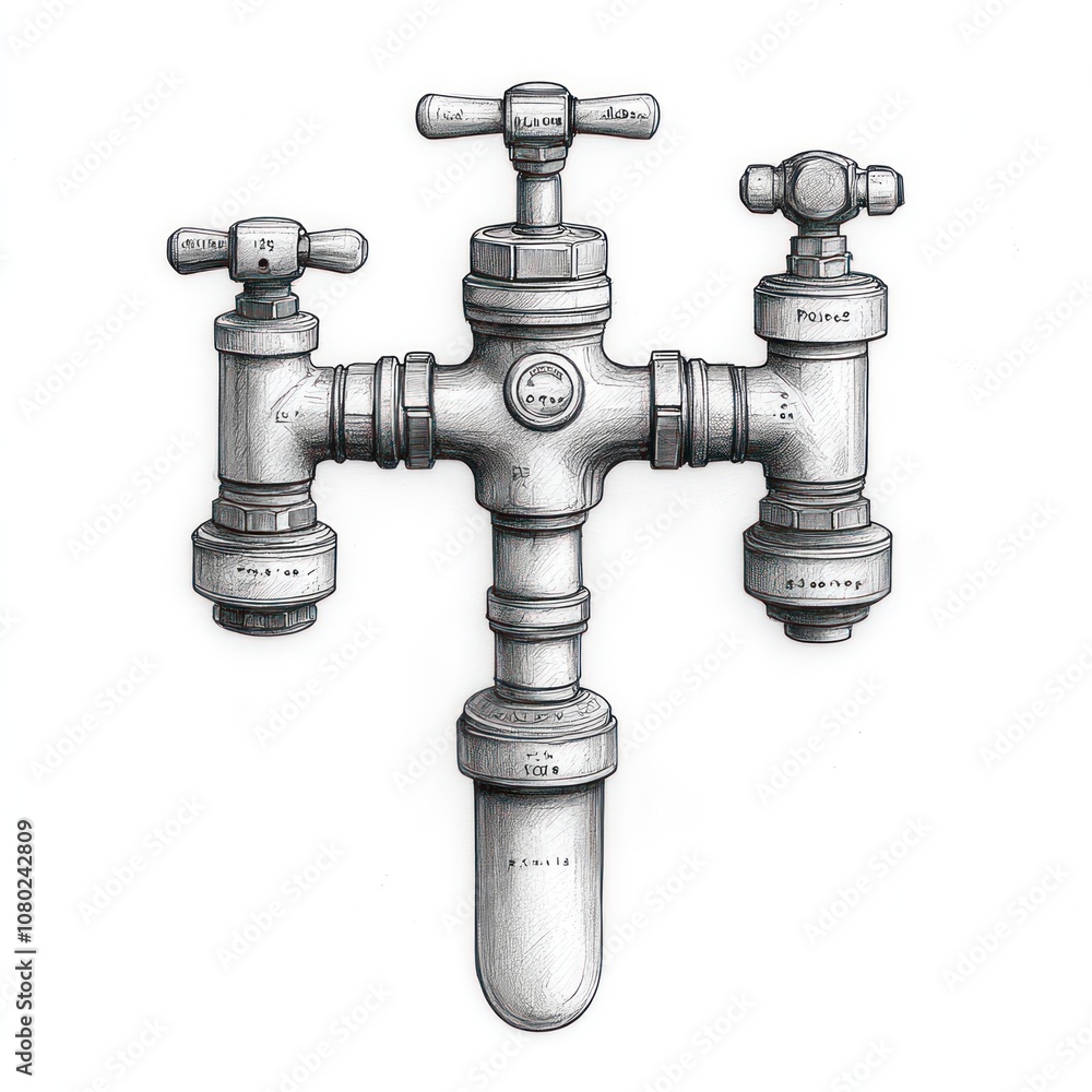 A hand-drawn illustration of a plumbing valve with three outlets and a filter. A hand-drawn illustration of a plumbing valve with three outlets and a filter.