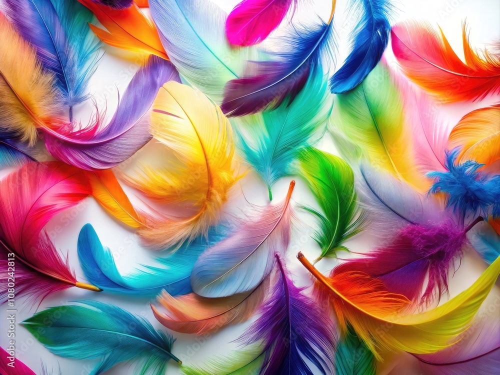Obraz premium Vibrant Colorful Feather Design on White Background - Long Exposure Photography of Abstract Art, Nature, Bright Colors, and Artistic Textures for Creative Projects