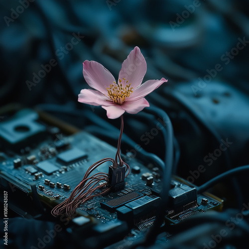 A lone flower growing out of computers processor symbolizes resilience and beauty amidst technology. This striking image captures contrast between nature and machinery, evoking sense of hope photo