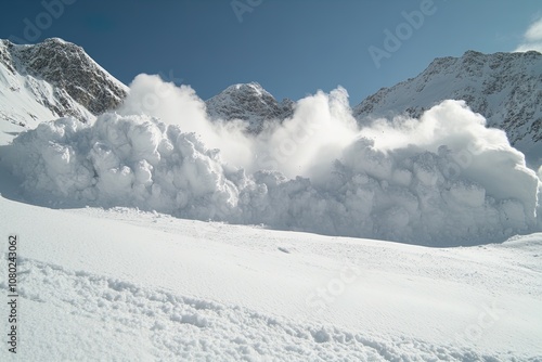 Massive Avalanche Cascading Down Mountains During the Winter Season Under Clear Blue Skies