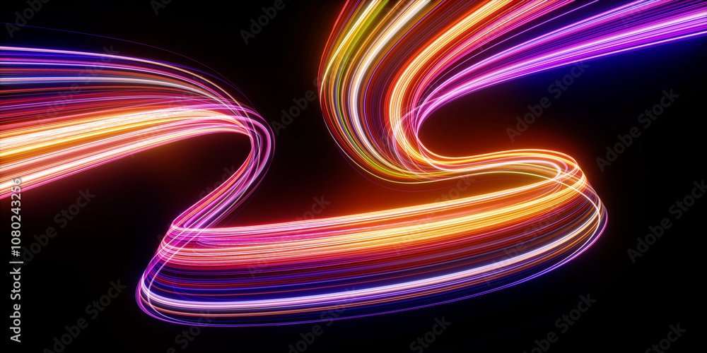 3d render. Abstract neon background. Dynamic lines glowing in the dark with floor reflection. Colorful curvy ribbon 3d render. Abstract neon background. Dynamic lines glowing in the dark with floor reflection. Colorful curvy ribbon