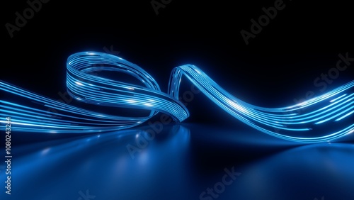 3d render, abstract background. Curvy neon ribbon with glowing lights. Telecommunication and internet technology concept. Data transfer metaphor. Particles moving and leaving glowing tracks