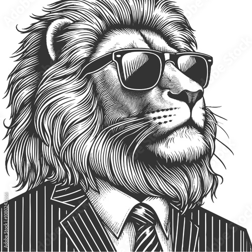Businessman Lion in sunglasses and a suit, conveying a cool, powerful, and sophisticated vibe sketch engraving generative ai vector illustration. Scratch board imitation. Black and white image.