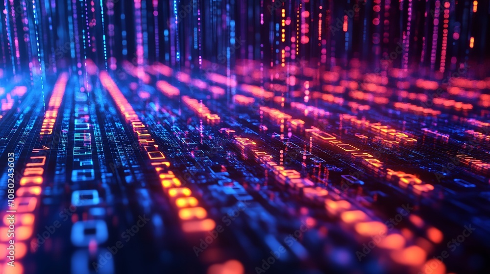 Futuristic image of bright neon binary numbers and circuit patterns conveying advanced technology Futuristic image of bright neon binary numbers and circuit patterns conveying advanced technology
