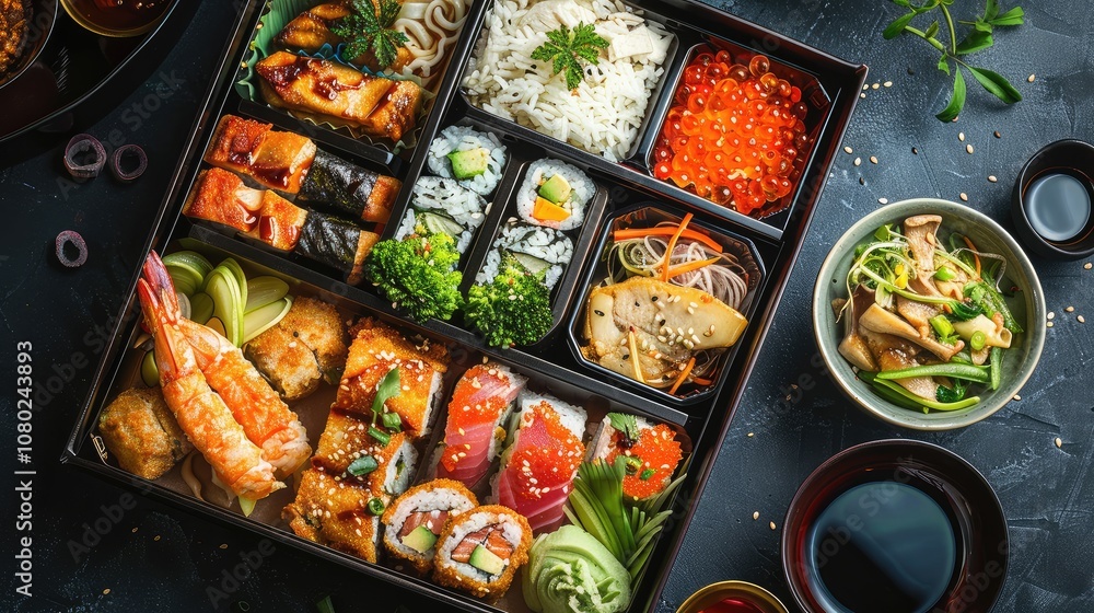 Exquisite Sushi Bento Box Featuring Variety of Japanese Delicacies Exquisite Sushi Bento Box Featuring Variety of Japanese Delicacies