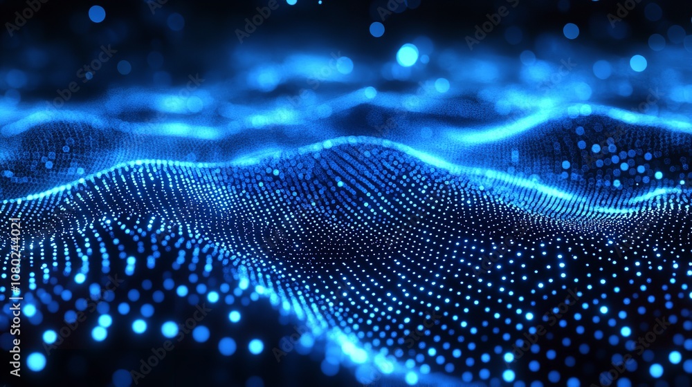 Wave of dots and weave lines. Abstract blue background for design on the topic of cyberspace, big data, metaverse, network security, data transfer on dark blue abstract cyberspace background Wave of dots and weave lines. Abstract blue background for design on the topic of cyberspace, big data, metaverse, network security, data transfer on dark blue abstract cyberspace background