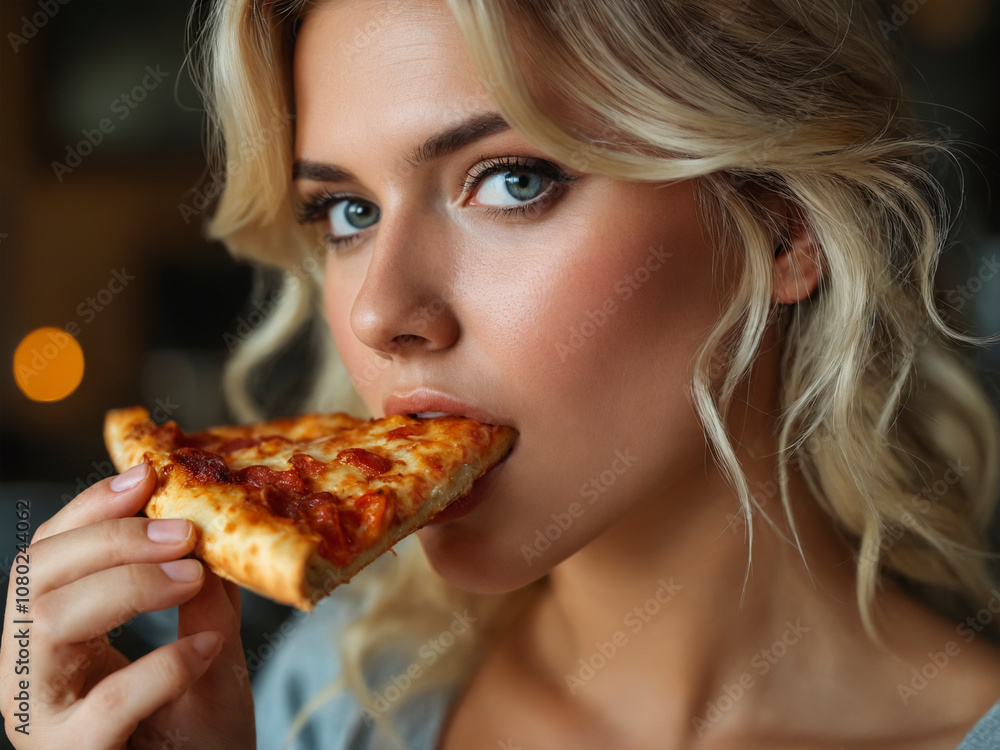 Preciosa chica rubia tomando una porción de deliciosa pizza Preciosa chica rubia tomando una porción de deliciosa pizza