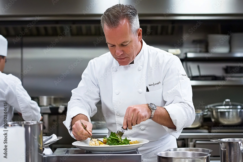 a chef meticulously plating a gourmet dish in a high-end restaurant kitchen a chef meticulously plating a gourmet dish in a high-end restaurant kitchen
