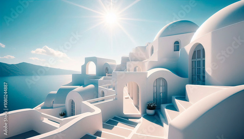 Fototapeta Naklejka Na Ścianę i Meble -  Minimalist white buildings with smooth curves and arches under bright sunlight on Santorini island, Greece, capturing iconic Cycladic architectural beauty