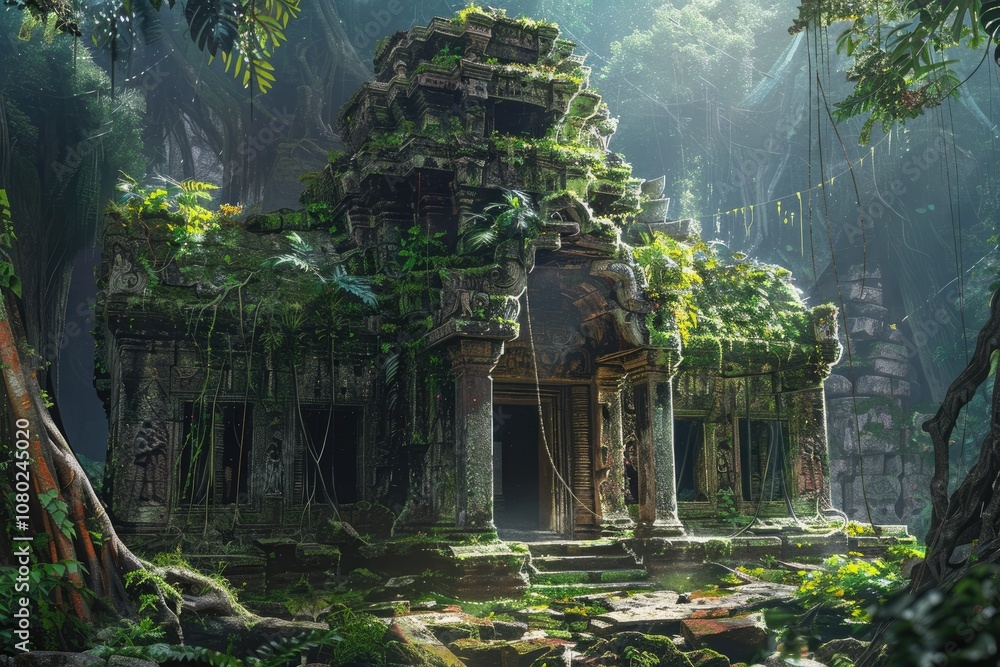 Ancient Stone Temple Overgrown with Lush Jungle Foliage Ancient Stone Temple Overgrown with Lush Jungle Foliage
