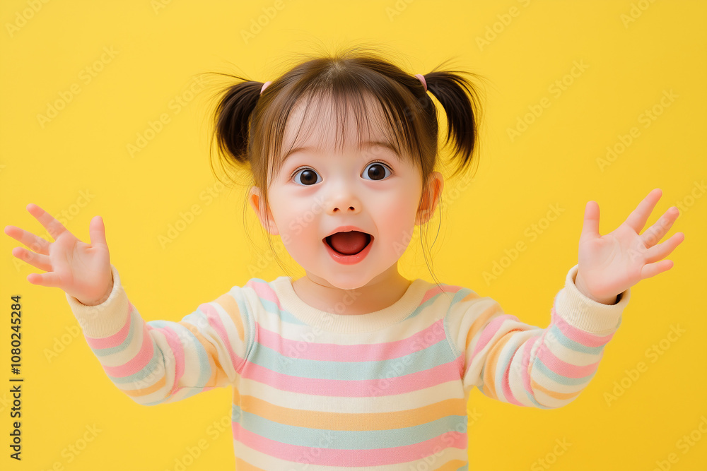 Surprised Girl with Pigtails. Yellow Background for Advertising. Space for Text. Surprised Girl with Pigtails. Yellow Background for Advertising. Space for Text.
