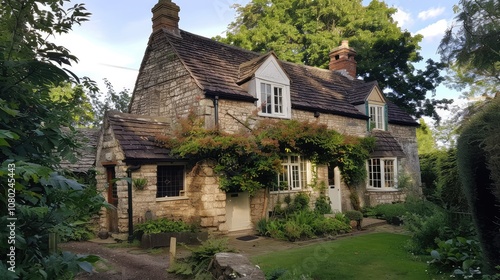 Quaint Stone Cottage Surrounded by Lush Greenery and Vibrant Flowers photo