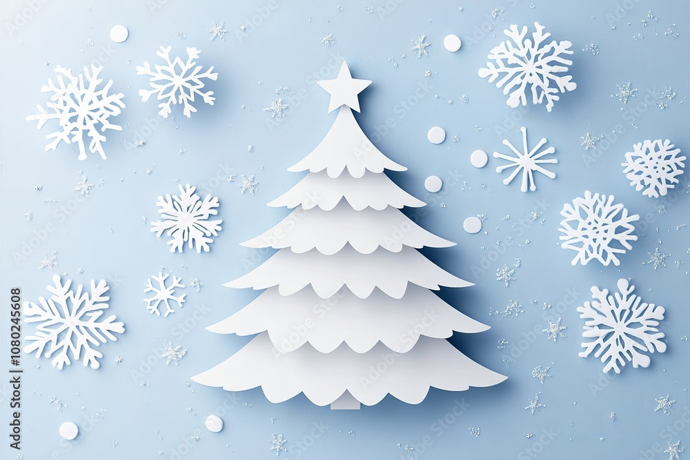 A simple white Christmas tree card with snowflakes and sequins on the top of it, in a paper-cut style A simple white Christmas tree card with snowflakes and sequins on the top of it, in a paper-cut style