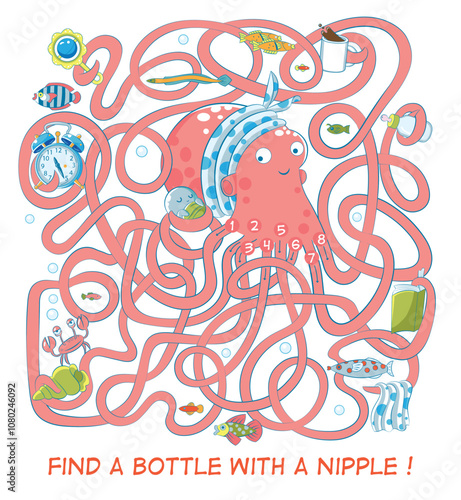 Mother octopus needs to feed her baby. Help her not to get tangled in the tentacles and find the bottle with a nipple. Vector maze.
