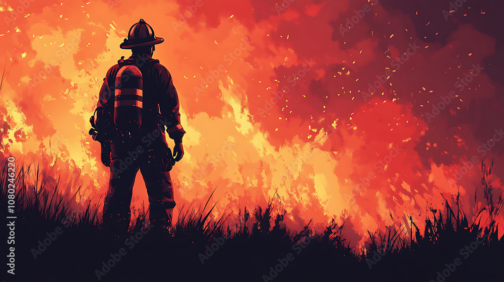 Silhouette of courageous male firefighter against the backdrop of a fire
Silhouette of courageous male firefighter against the backdrop of a fire