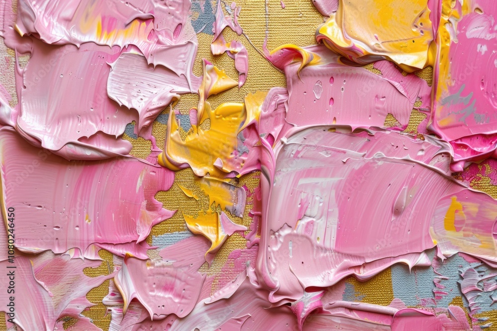 Obraz premium Close up view of a painting featuring pink and yellow colors