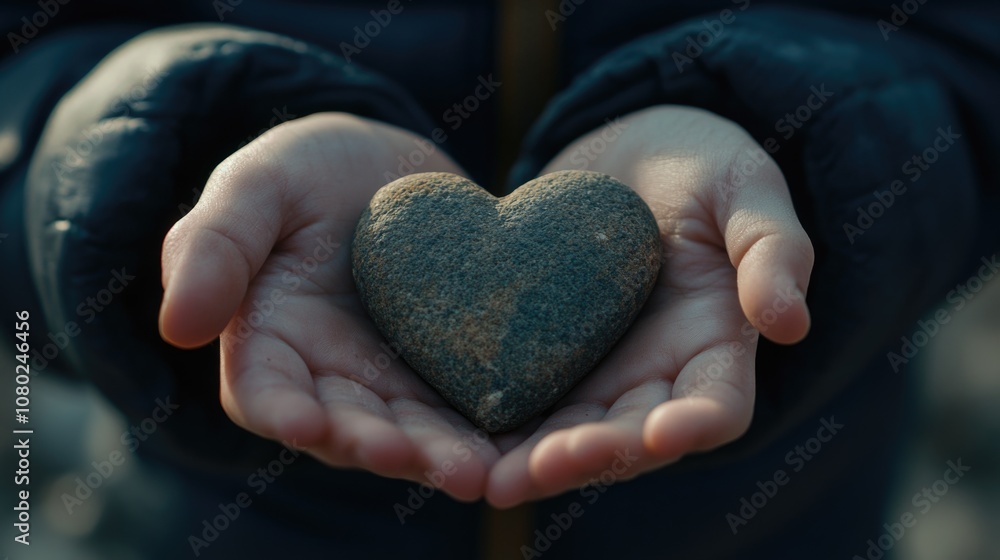 A person holds a heart-shaped rock, ideal for use in illustrations about love, relationships, or emotional connections A person holds a heart-shaped rock, ideal for use in illustrations about love, relationships, or emotional connections