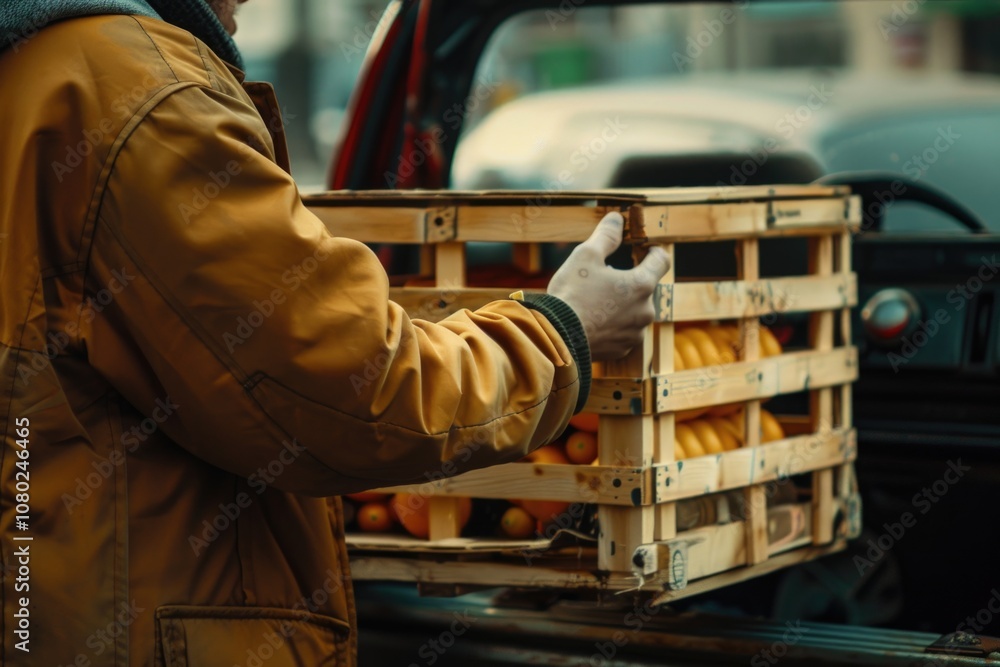 A person standing at the back of a vehicle, holding a crate of oranges A person standing at the back of a vehicle, holding a crate of oranges