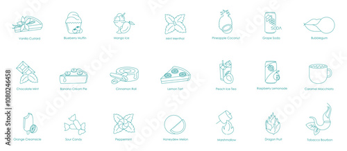 Vanilla Custard, Blueberry Muffin, Mango Ice, Mint Menthol, Pineapple Coconut, Grape Soda, Bubble Gum, Chocolate Mint, Banana Cream Pie, Cinnamon Roll, Lemon Tart, Peach Ice Tea vector icons