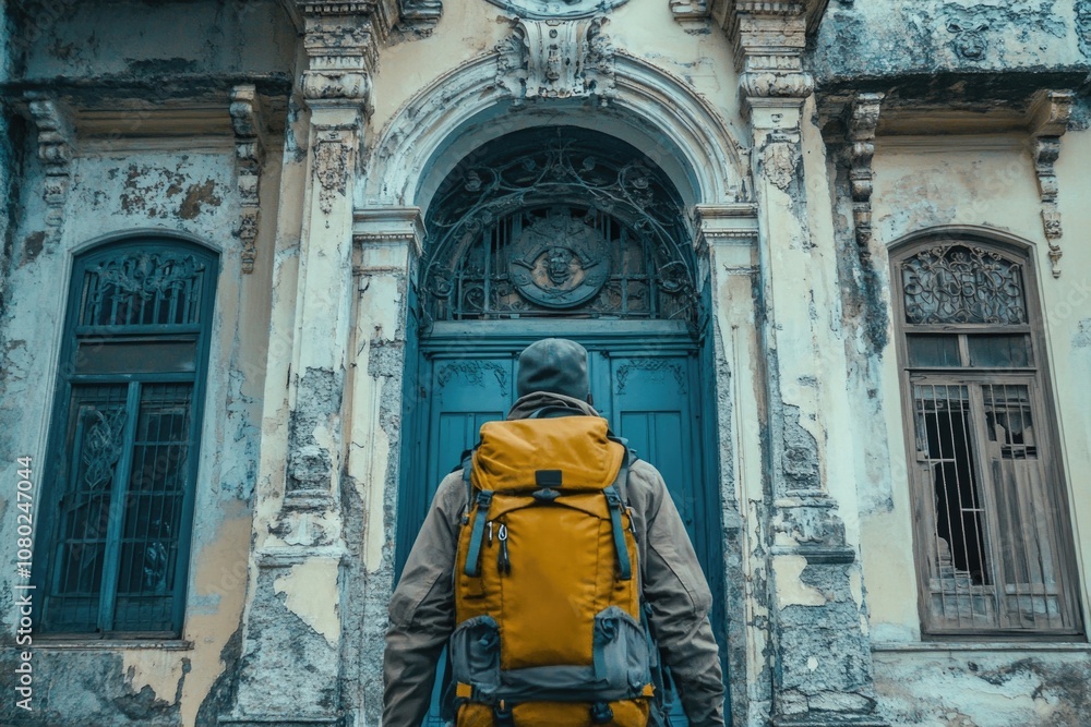 A person standing in front of a building, carrying a backpack and potentially planning a trip or adventure A person standing in front of a building, carrying a backpack and potentially planning a trip or adventure