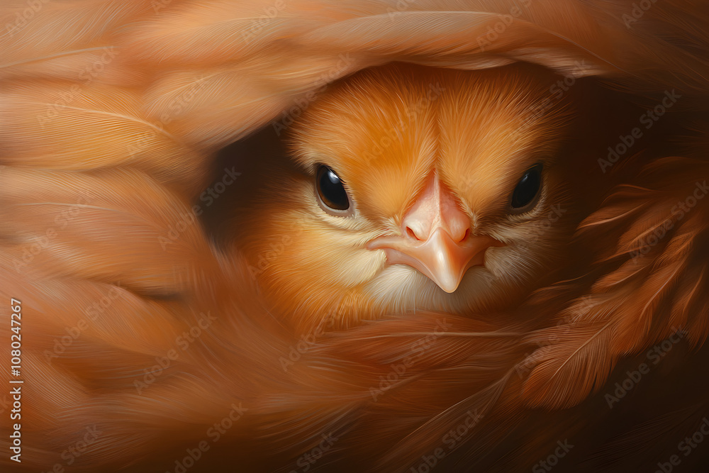 A tiny chick peeking out from behind its mother’s feathers, representing the warmth of family bonds. A chick hiding under its mom.
A tiny chick peeking out from behind its mother’s feathers, representing the warmth of family bonds. A chick hiding under its mom.