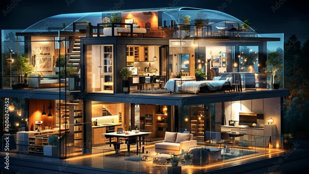 Modern interior design with open spaces and night lighting Modern interior design with open spaces and night lighting