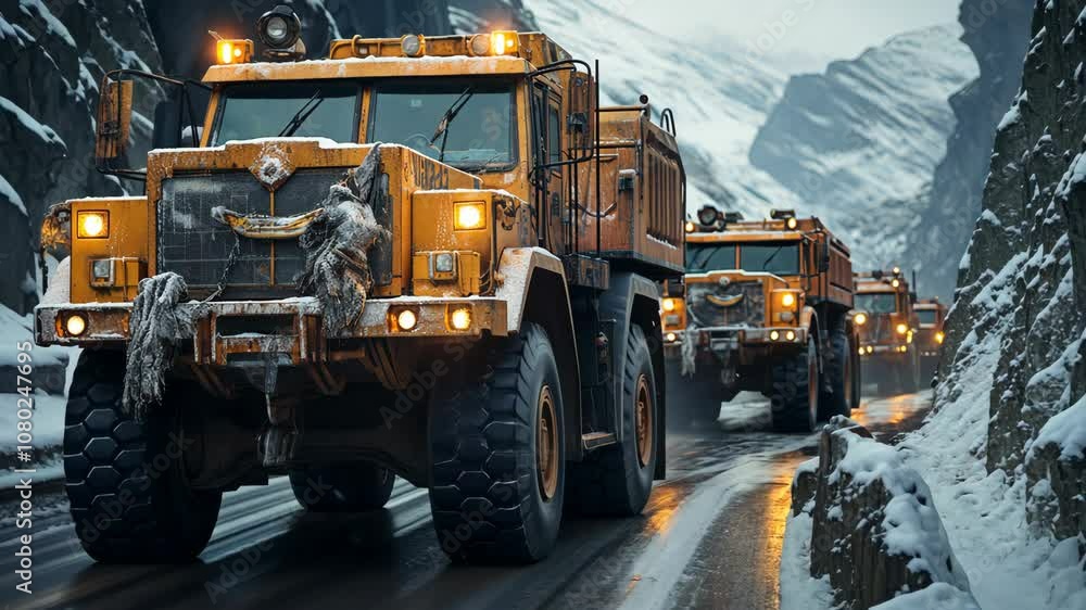 Heavy-duty trucks navigate snowy mountain road during winter conditions Heavy-duty trucks navigate snowy mountain road during winter conditions