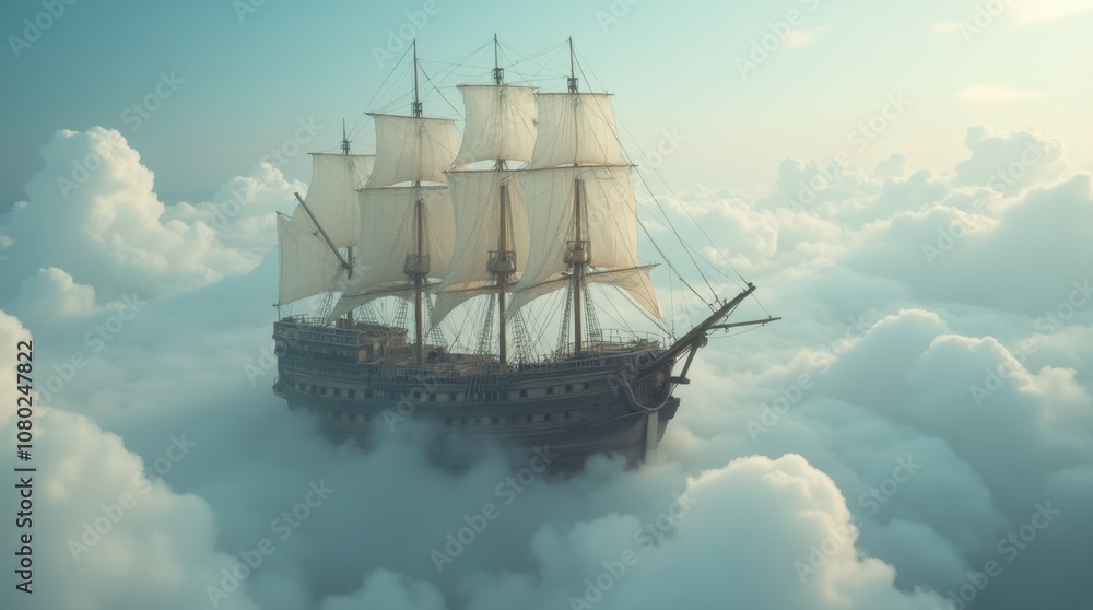 Naklejka premium A Wooden Ship Sailing Through the Clouds