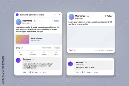  Linkedin responsive post templates. Social media blogpost frame. X like, share repost, comment. Blank blog publication. Find job offer banner. Vector illustration.
