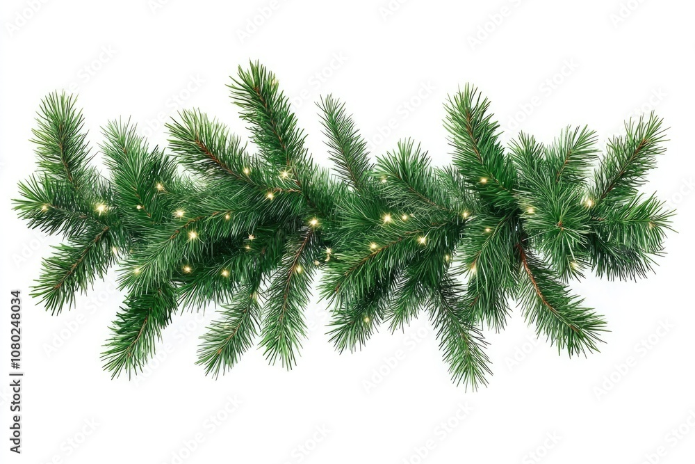 A beautiful green Christmas tree branch adorned with white lights for festive decorations A beautiful green Christmas tree branch adorned with white lights for festive decorations