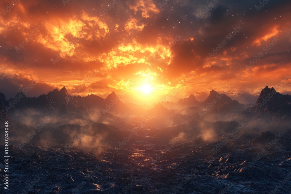 Foto Sun setting over a mountain range with dramatic sky colors and landscape