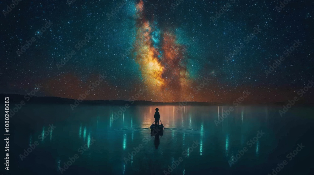 A serene figure in a boat under a vibrant starry sky. A serene figure in a boat under a vibrant starry sky.