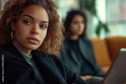 Wallpaper Mural Two women sit on a couch looking at a laptop, possibly planning or researching something Torontodigital.ca